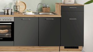 Einbauküche Pino aus Holz in Graphit pino Einbauküche inklusive Einbaugeräte Grafit & Evoke Eiche - Länge ca. 290 cm