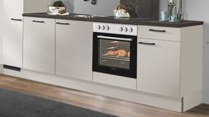 Einbauküche Pino aus Holz in Hellgrau pino Einbauküche inklusive Einbaugeräte Kaschmirgrau & Hemlock Lava Eiche - Länge ca. 290 cm