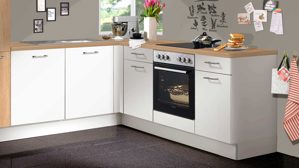 Einbauküche Pino aus Holz in Weiß pino Einbauküche inklusive Einbaugeräte Magnolienweiß & Eiche Aviva - Stellfläche ca. 275 x 205 cm