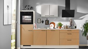 Einbauküche Pino aus Holz in Hellbraun pino Einbauküche inklusive Einbaugeräte Caramel & Kaschmirgrau - Länge ca. 270 cm