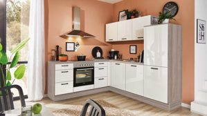 Einbauküche Pino aus Holz in Weiß pino Einbauküche inklusive Einbaugeräte Hochglanz Weiß & Tanne Clay - Stellfläche ca. 215 x 245 cm