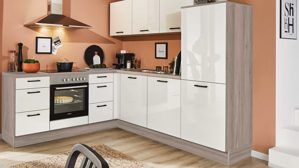 Einbauküche Pino aus Holz in Weiß pino Einbauküche inklusive Einbaugeräte Hochglanz Weiß & Tanne Clay - Stellfläche ca. 215 x 245 cm