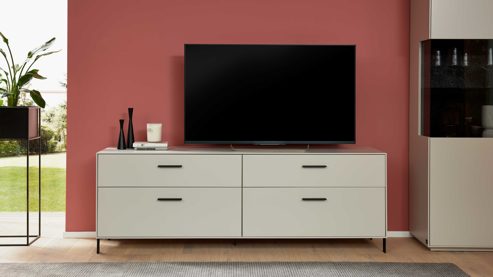 Lowboard Interliving aus Holz in Weiß Interliving Wohnzimmer Serie 2030 PLUS - Lowboard Sahara Creme & Granitfurnier - zwei Schubladen, Länge ca. 180 cm