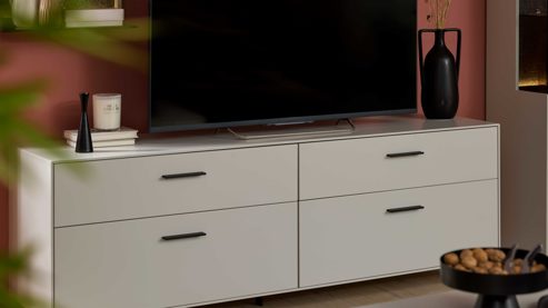 Lowboard Interliving aus Holz in Weiß Interliving Wohnzimmer Serie 2030 PLUS - Lowboard Sahara Creme & Granitfurnier - zwei Schubladen, zwei Klappen, Länge ca. 200 cm