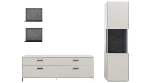 Wohnwand Interliving aus Holz in Weiß Interliving Wohnzimmer Serie 2030 PLUS - Wohnwand Sahara Creme & Granitfurnier - fünfteilig, Länge ca. 309 cm