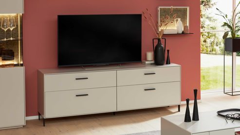 Lowboard Interliving aus Holz in Weiß Interliving Wohnzimmer Serie 2030 PLUS - Lowboard Sahara Creme & Granitfurnier - zwei Schubladen, Länge ca. 200 cm