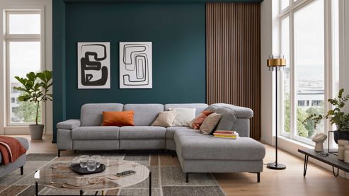 Ecksofa Interliving aus Stoff in Grau Interliving Sofa Serie 4064 - Ecksofa graue Chenille Toni & Fuß W003-01 - Stellfläche ca. 291 x 252 cm