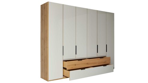Kleiderschrank Interliving aus Holz in Hellgrau Interliving Schlafzimmer Serie 1034 – Kleiderschrank 754 champagnerfarbenes Glas & Kernholz – sechs Türen & zwei Schubladen, Breite ca. 300 cm