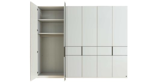 Möbelbeleuchtung Interliving aus Holz in Weiß Interliving Schlafzimmer Serie 1033 – Komplettzimmer mit Beleuchtung weißes Glas & Holz