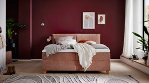 Boxspringbett Interliving aus Stoff in Rosa Interliving Bettensystem Serie 1420 - Boxspringbett sienfarbene Chenille Toni & Wildeichefüße - Liegefläche ca. 180 x 200 cm