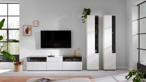 Wohnwand Interliving aus Holz in Weiß Interliving Wohnzimmer Serie 2031 - Wohnwand EB33001 Tonweiß & graues Glas - Länge ca. 330 cm