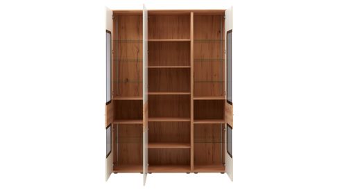 Vitrine Interliving aus Holz in Beige Interliving Wohnzimmer Serie 2032 - Vitrine Sandbeige & Risseiche - dreiteilig, Länge ca. 150 cm