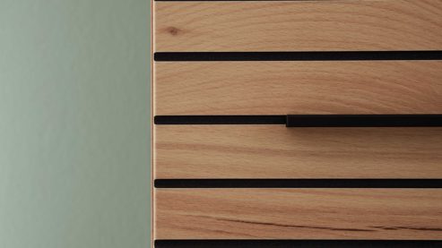 Vitrine Interliving aus Holz in Beige Interliving Wohnzimmer Serie 2032 - Vitrine Sandbeige & Risseiche - dreiteilig, Länge ca. 150 cm