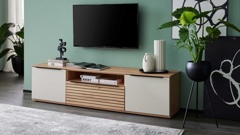 Lowboard Interliving aus Holz in Beige Interliving Wohnzimmer Serie 2032 - Lowboard Sandbeige & Balkenbuche - dreiteilig, Länge ca. 210 cm