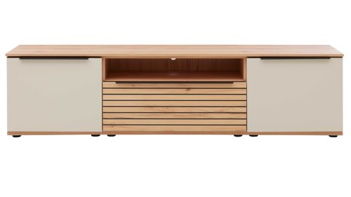 Lowboard Interliving aus Holz in Beige Interliving Wohnzimmer Serie 2032 - Lowboard Sandbeige & Balkenbuche - dreiteilig, Länge ca. 210 cm