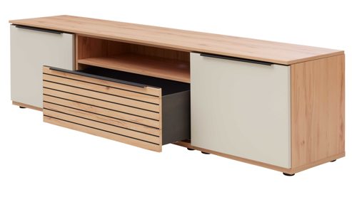 Lowboard Interliving aus Holz in Beige Interliving Wohnzimmer Serie 2032 - Lowboard Sandbeige & Balkenbuche - dreiteilig, Länge ca. 210 cm