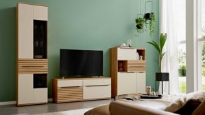 Wohnwand Interliving aus Holz in Beige Interliving Wohnzimmer Serie 2032 - Wohnwand Sandbeige & Risseiche - Länge ca. 315 cm