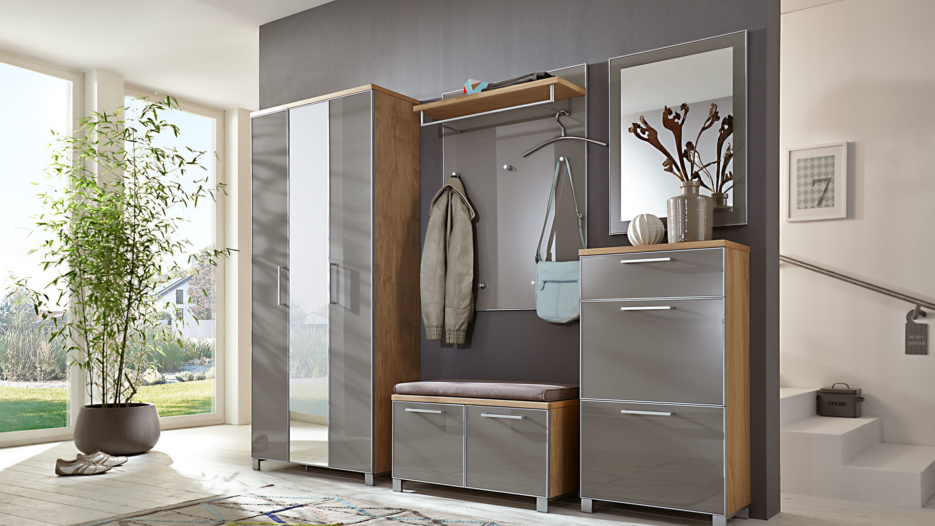 Garderobenbank Voss möebel aus Glas in Braun VOSS MÖBEL Garderobenbank Santina als moderner Flurschrank Eiche Bianco & taupefarbenes Glas – zweitürig