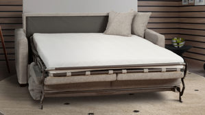 Schlafsofa Matex aus Stoff in Beige Funktionssofa beiger Flockbezug & wengefarbige Holzfüße - Breite ca. 185 cm