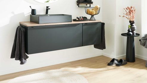 Badmöbel-Set Interliving aus Holz in Schwarz Interliving Bad Serie 7340 - Waschtischkombination Mattschwarz & Vikings Oak – Breite ca. 145 cm