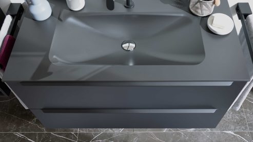 Badmöbel-Set Interliving aus Holz in Schwarz Interliving Bad Serie 7945 - Badkombination Basis graphitschwarzes Lacklaminat & schwarzes Duratek®