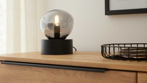 Tischleuchte Interliving aus Glas in Grau Interliving Leuchten Serie 9350 - Tischlampe rauchfarbenes Glas - Höhe ca. 19 cm