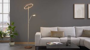 Stehleuchte Interliving aus Metall in Hellgrau Interliving Leuchten Serie 9352 - Stehlampe mit Leselicht warmgraues & kaffeefarbenes Metall - Höhe ca. 180 cm