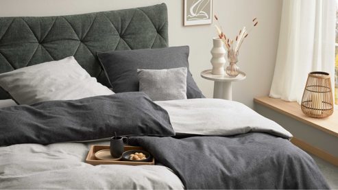 Bettwäsche-Set Interliving aus Stoff in Anthrazit Interliving Bettwäsche Serie 9118 - Biberbettwäsche Anthrazit & Hellgrau - ca. 80 x 80 cm und 155 x 220 cm